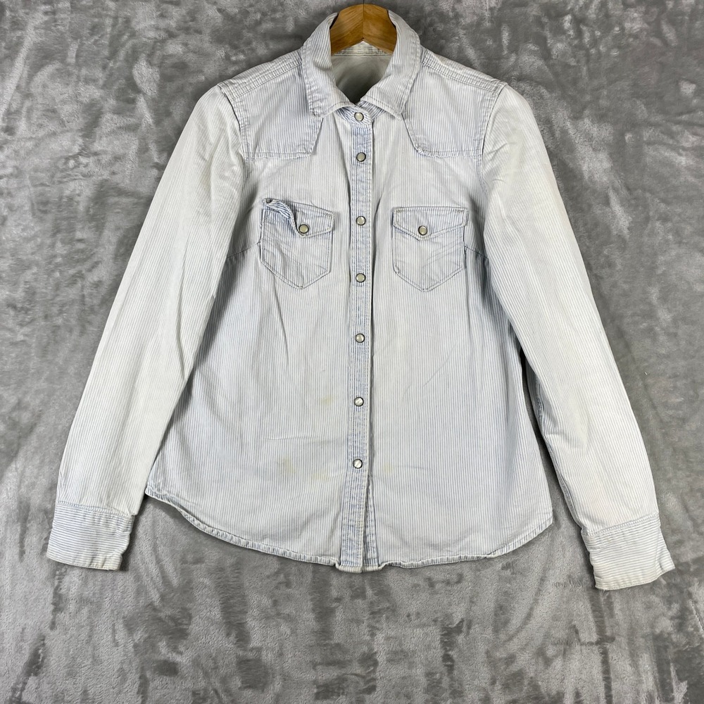 Gap Hickory Shirt Womens M Blue White Pinstripe Western Pearl Snap Denim Faded